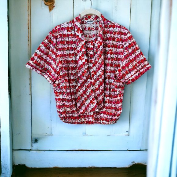 Judy Bond Tops - Judy Bond Vintage Short Sleeved Rose Button Down Tie Neck Blouse Sz 38/10